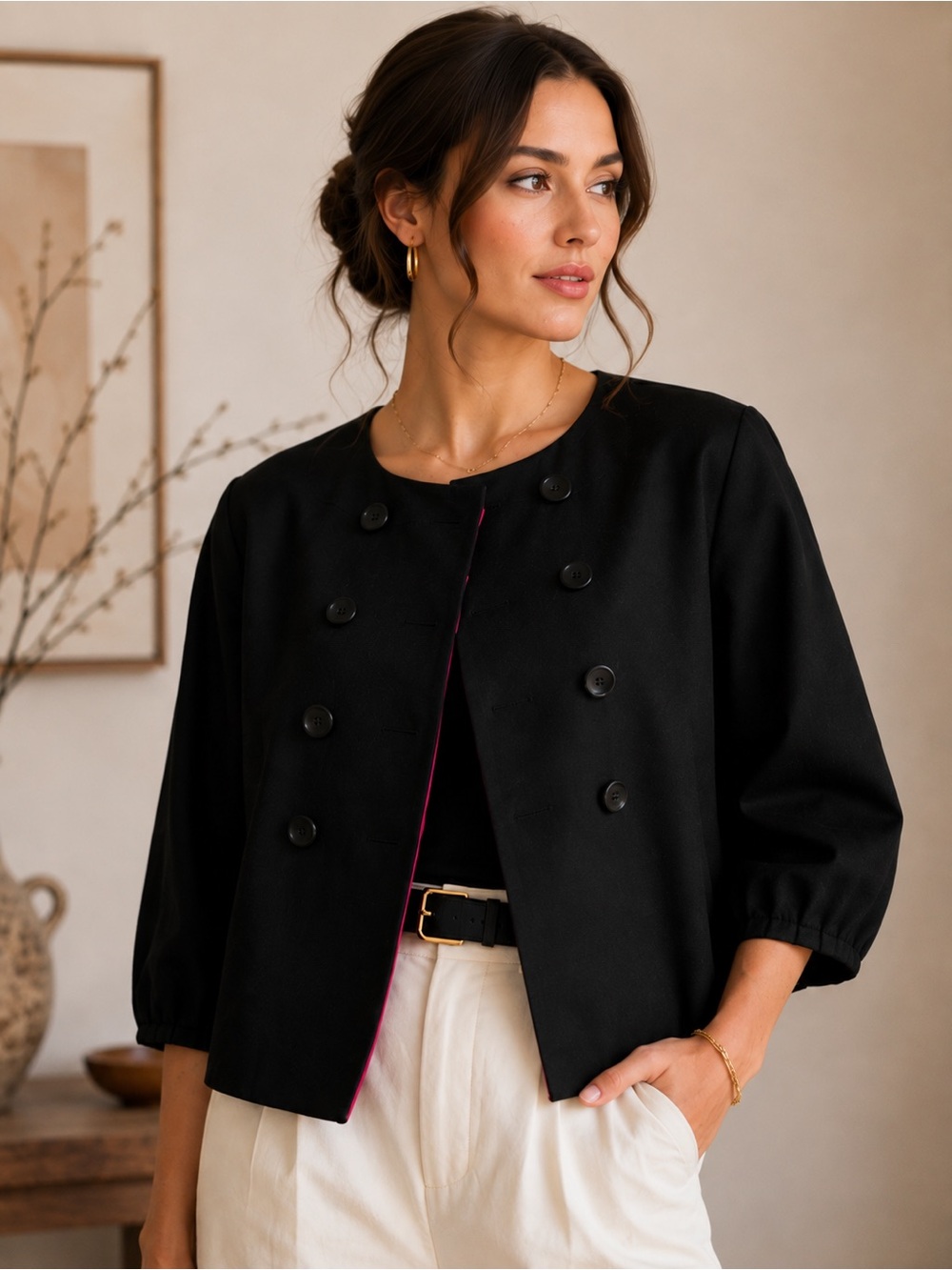 Isaac Mizrahi for Target Black Double Breasted Jacket 14 Pink Lining Cropped Y2k